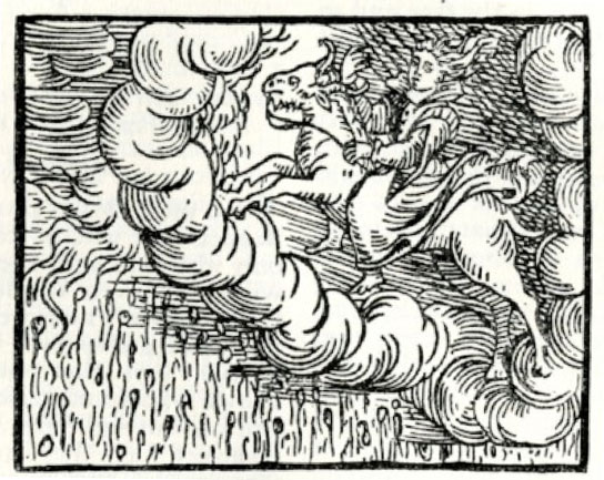 Man riding mythical creation in the sky.