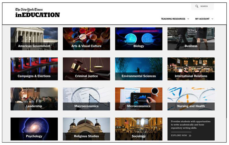Screenshot of available resources in the NYT's inEducation. 